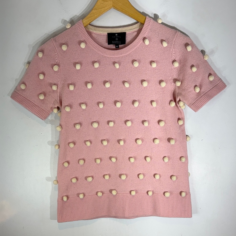 Vintage Lisa Perry Barney’s 100% pink cashmere short sleeved pom pom sweater XS